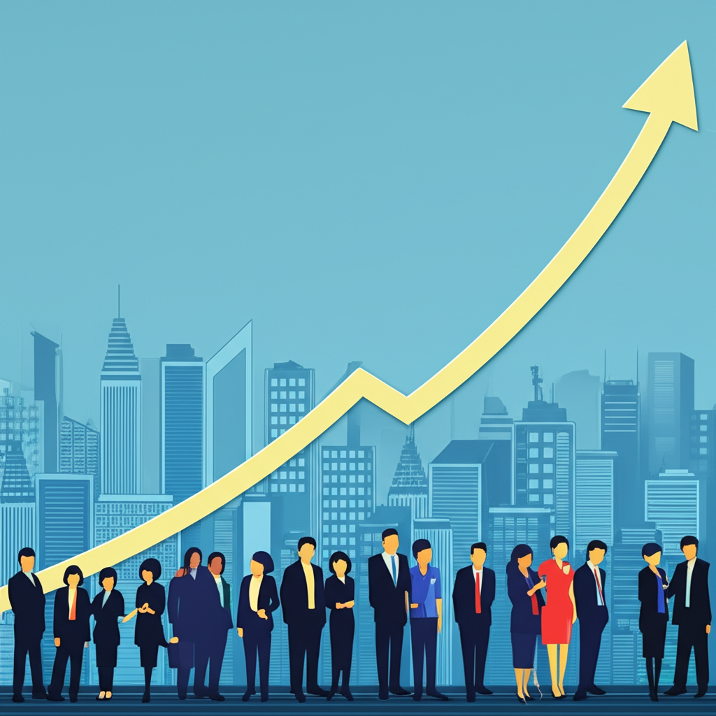 Illustration depicting growth in the U.S. insurance industry, with rising charts, shield icons representing protection, and diverse demographic groups