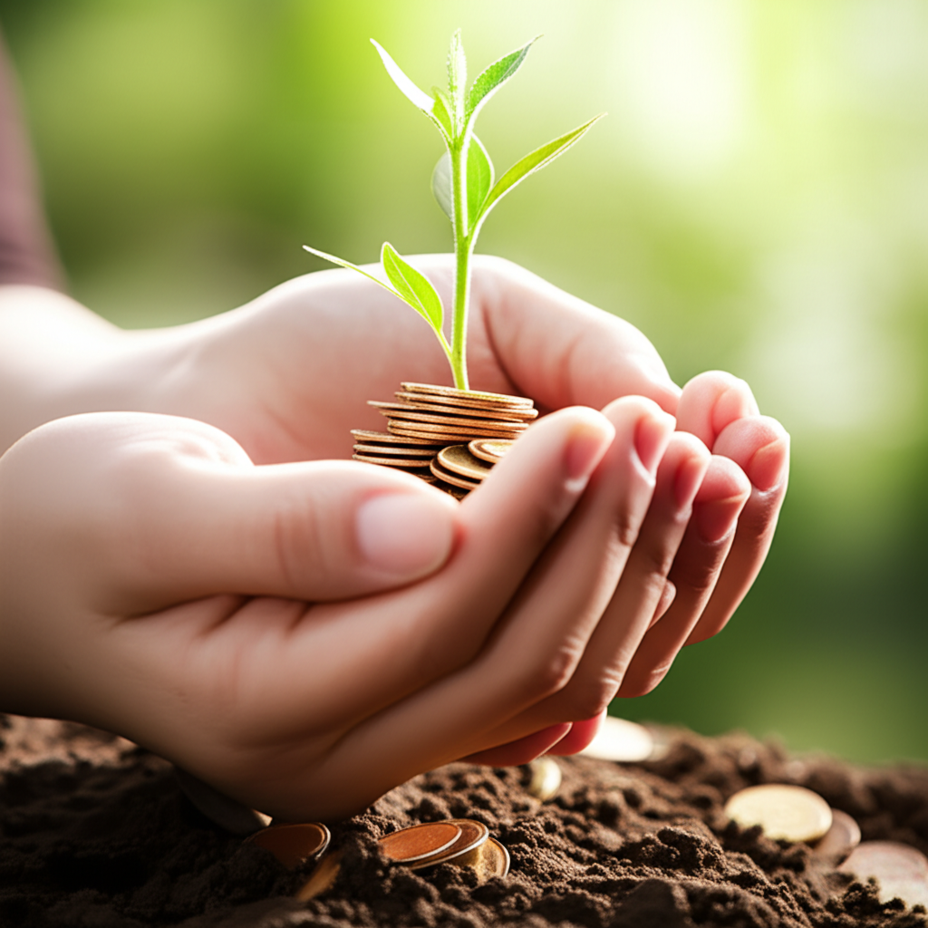 Hands nurturing a growing plant that sprouts coins, symbolizing profitable sustainable investing