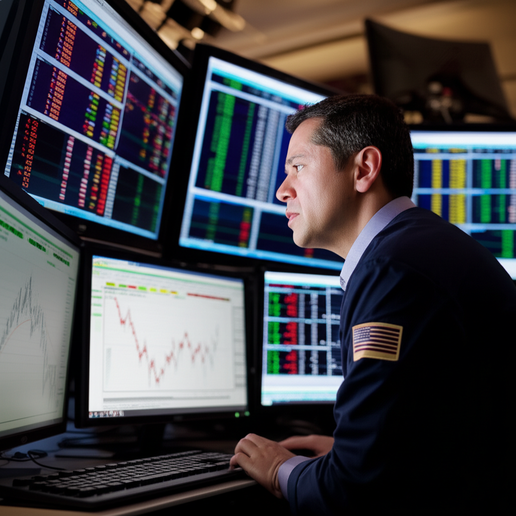 Trader analyzing charts and navigating crude oil and stock market volatility