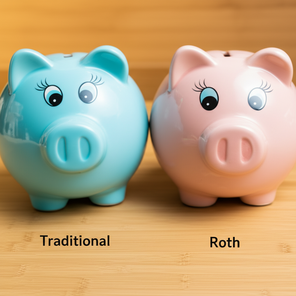 Two piggy banks labeled Traditional and Roth representing different IRA options for retirement savings