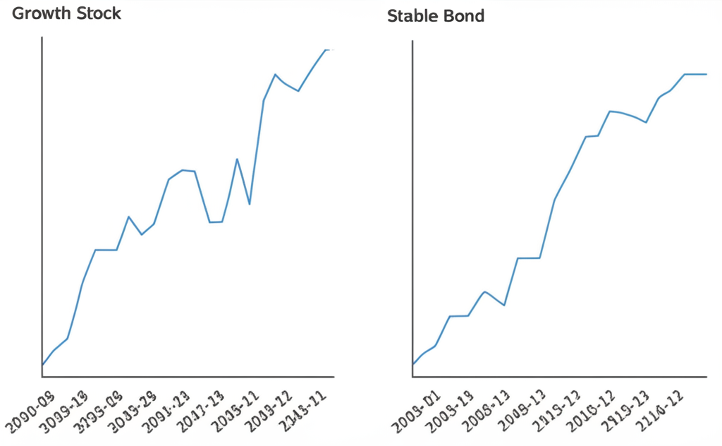 Chart comparing growth in stocks and stability in bonds