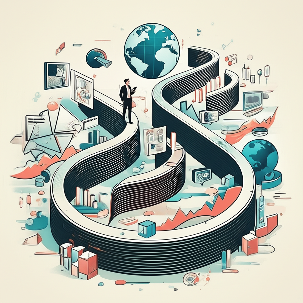Investor navigating complex world, illustration