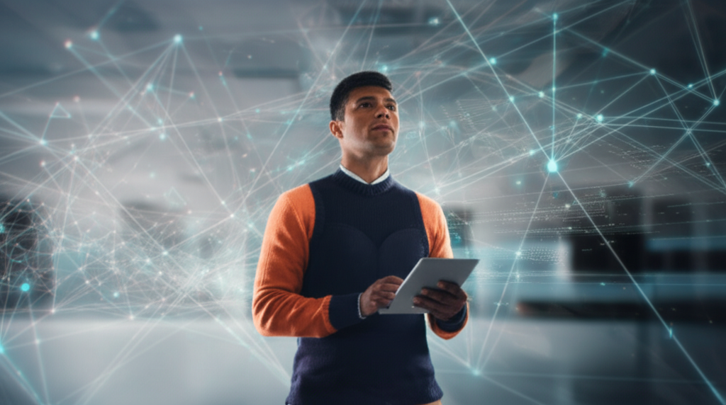 Investor navigating a futuristic digital landscape representing the Metaverse