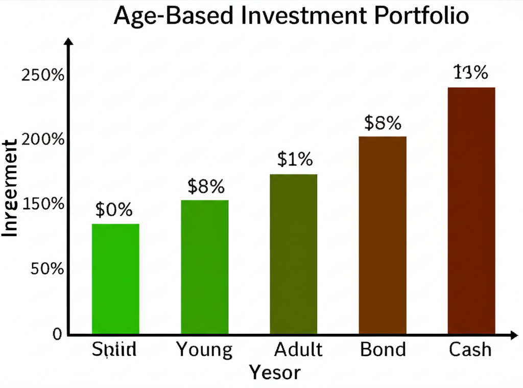 Illustration of age-based investment portfolios showing stock and bond allocations over time