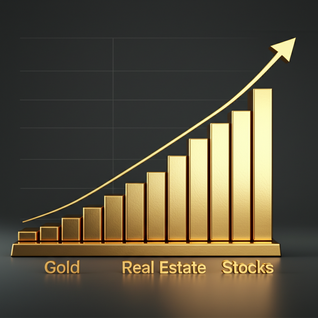 Growth chart depicting performance of gold, real estate, and value stocks amid stagflation pressures