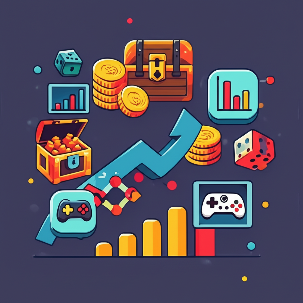 Investment charts with game controller and pixel icons symbolizing financial growth in gaming