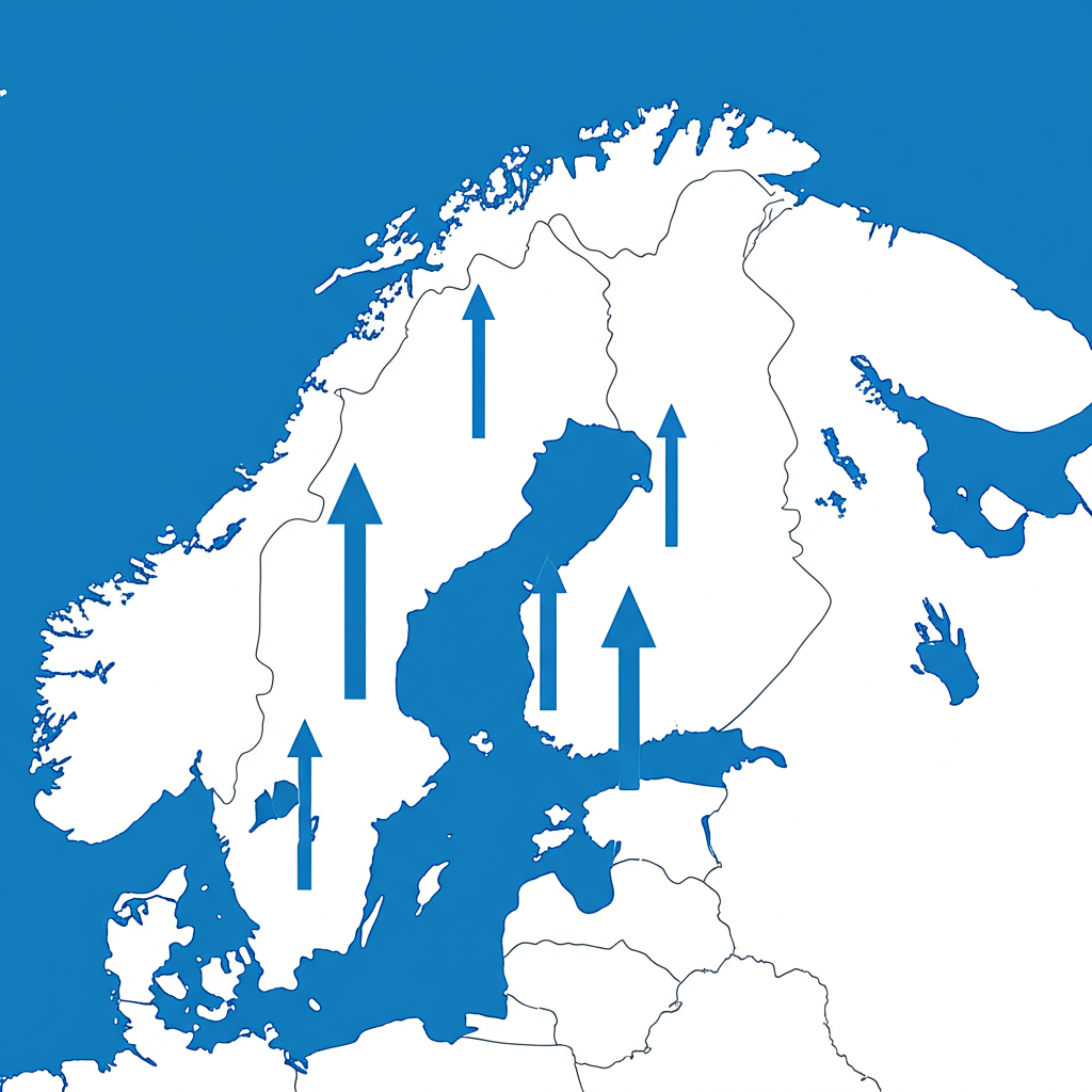 Map of Nordic countries highlighting economic growth with upward arrows