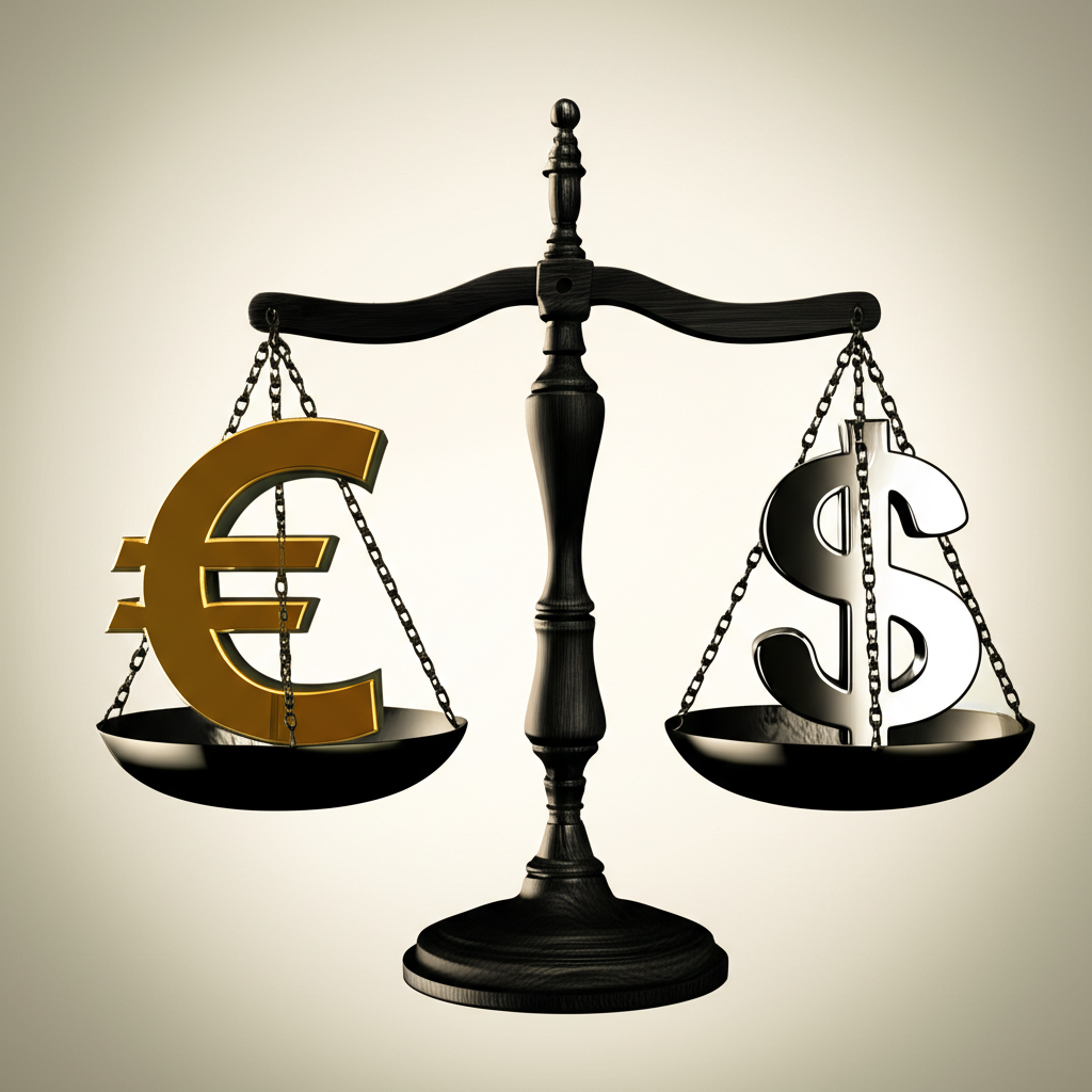 Currency symbols on a balancing scale representing hedged ETF mechanics