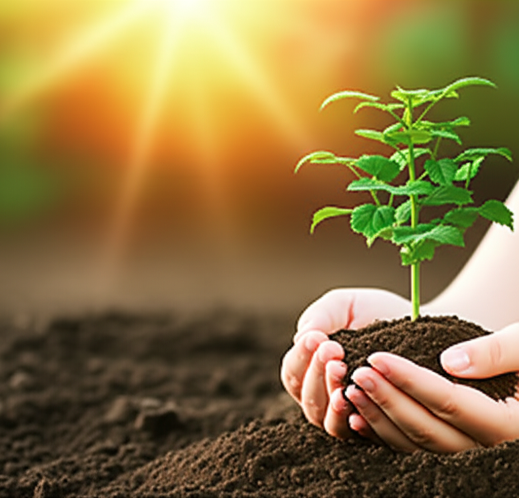 Hands holding green energy plant
