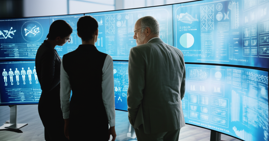 Investors analyzing real-time data from AI-powered robots on digital dashboards