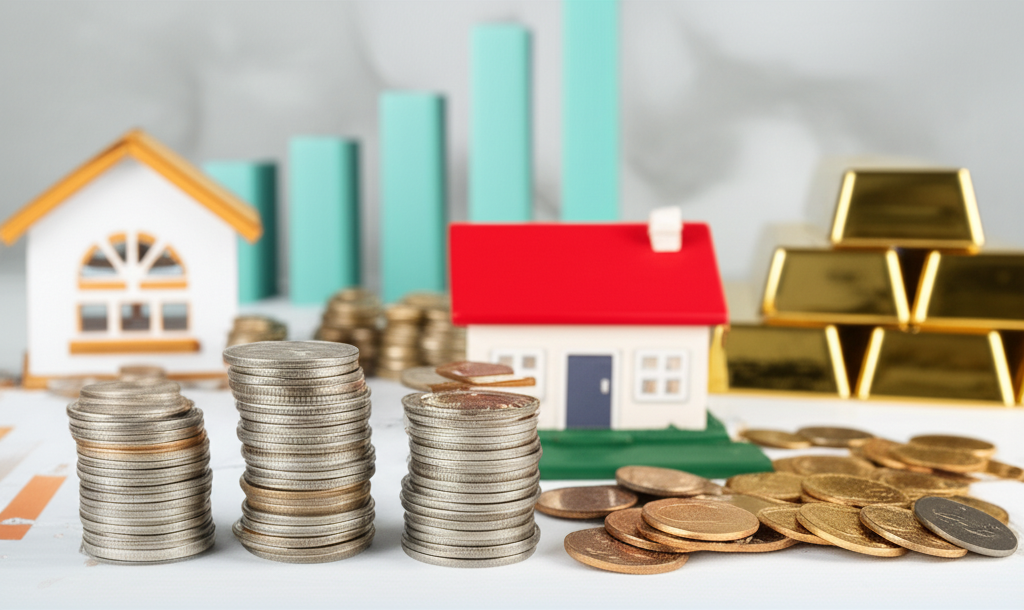 Diversified investment portfolio with pharmaceutical ETFs, blue-chip stocks, and bonds illustrating balanced asset allocation