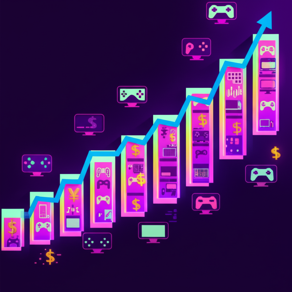 Digital gaming market growth illustration showing rising trends and global engagement