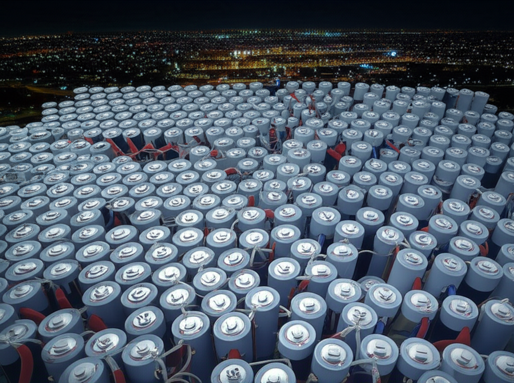 Battery cells powering a vibrant city skyline at night