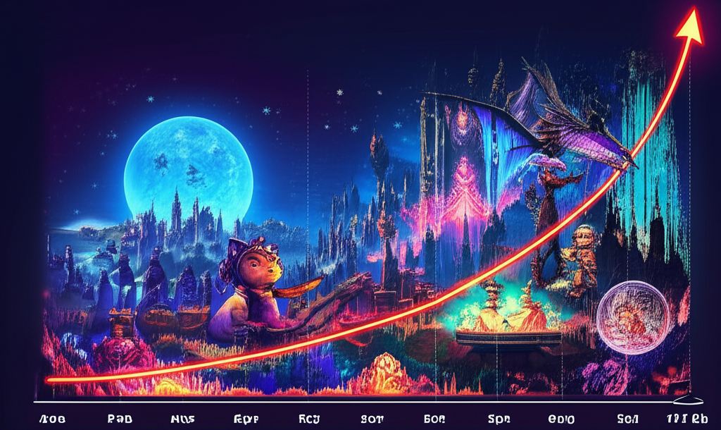 Digital gaming world with rising growth chart showing upward trend in global video game market revenue