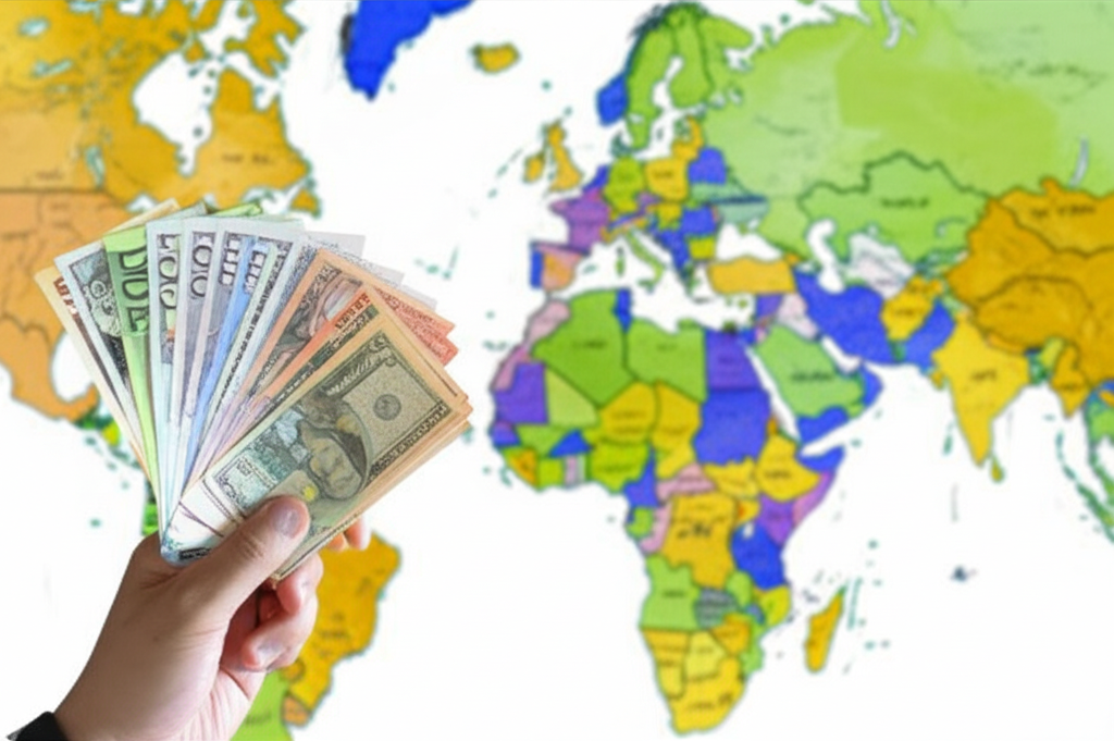 Hand holding US dollar bills over a glowing world map with highlighted frontier economies, symbolizing global investment and financial opportunity