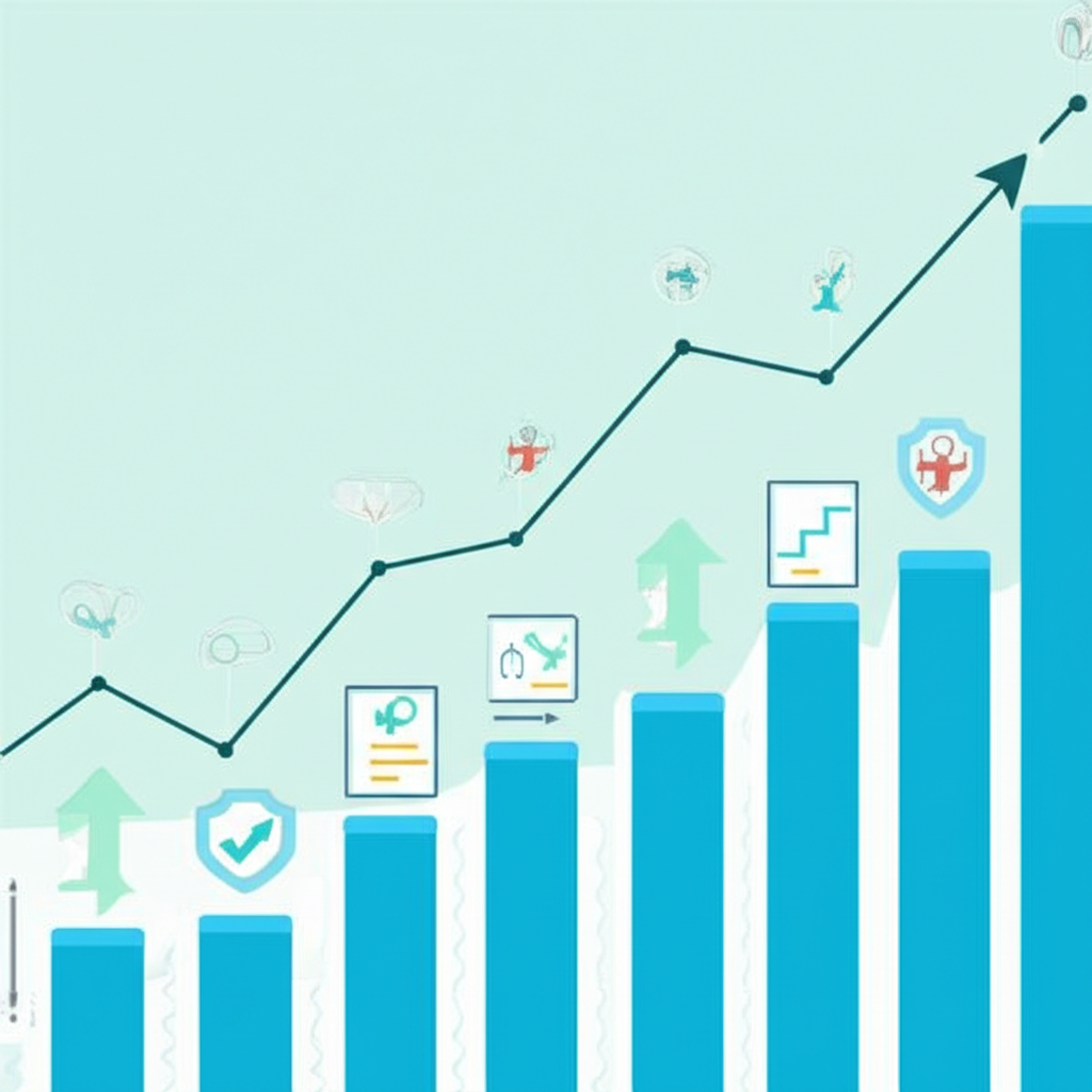 Illustration depicting healthcare growth, rising trend lines, and medical innovation charts