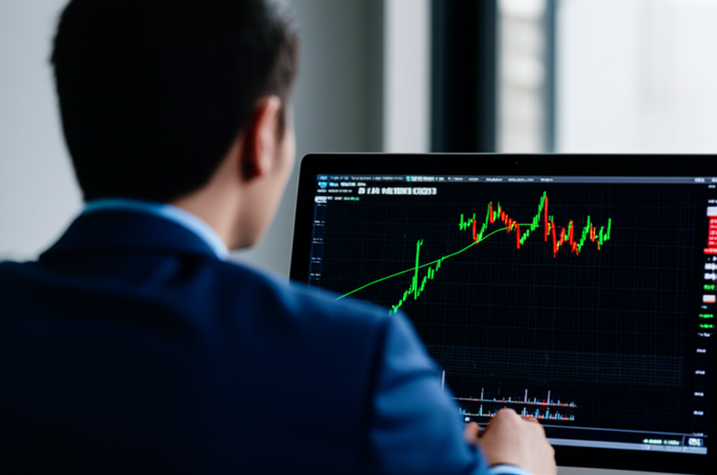 US investor analyzing a digital assets performance chart on a screen