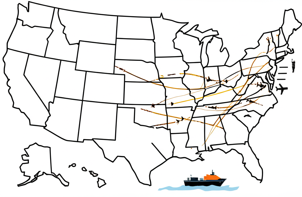 Modern U.S. transport infrastructure with highways, freight trains, and cargo terminals under development