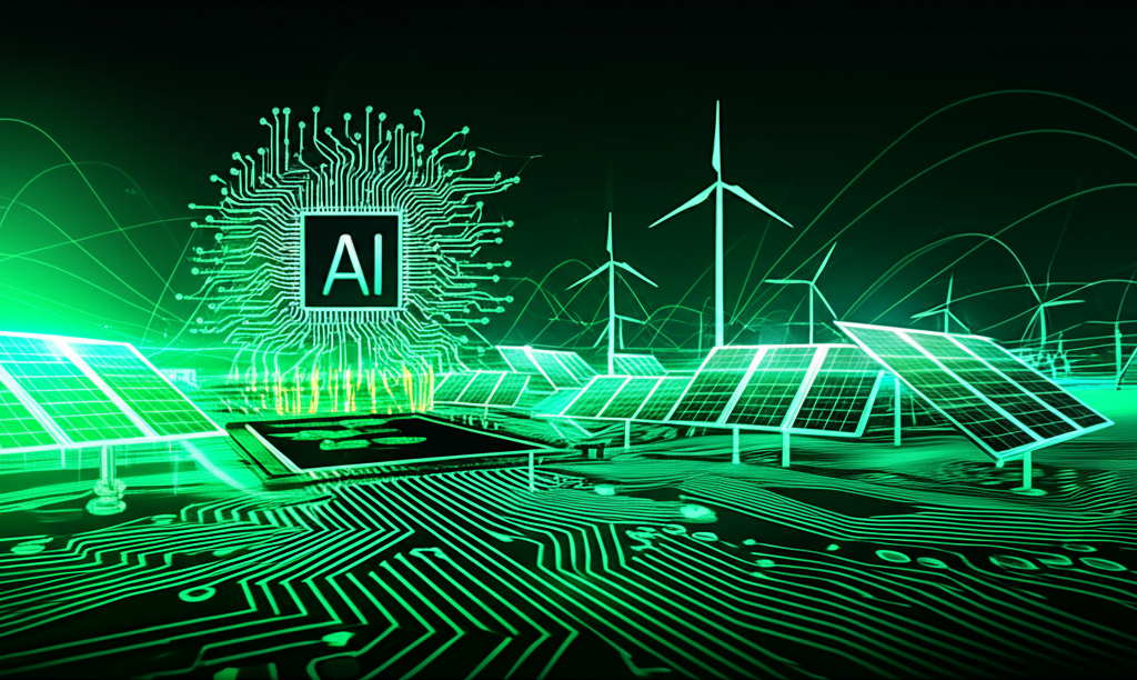 Visual representation of tech growth, clean energy infrastructure, and artificial intelligence applications