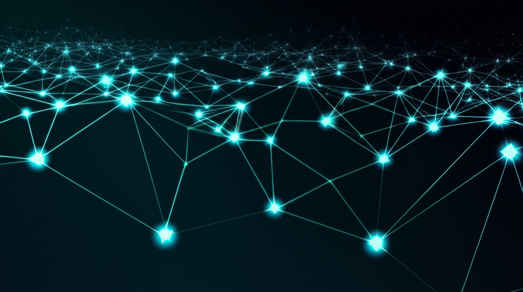 Abstract visualization of blockchain technology featuring interconnected digital coins