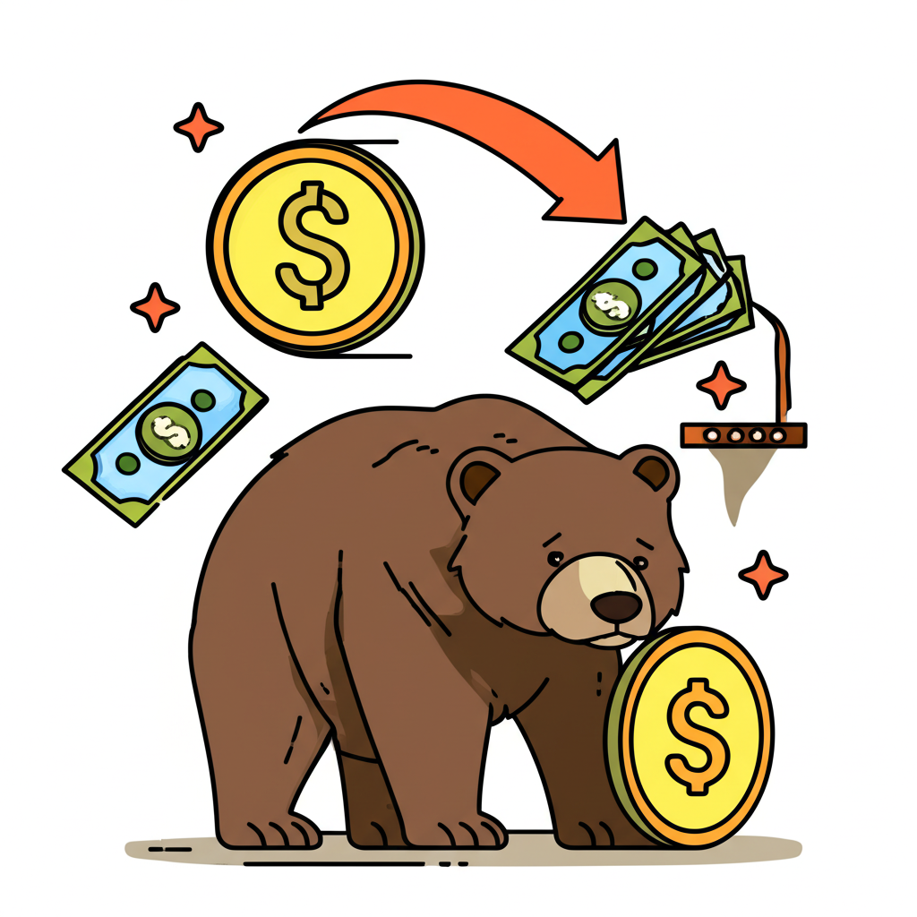 Bear market profit strategy illustration showing an investor profiting from declining market trends using inverse ETFs
