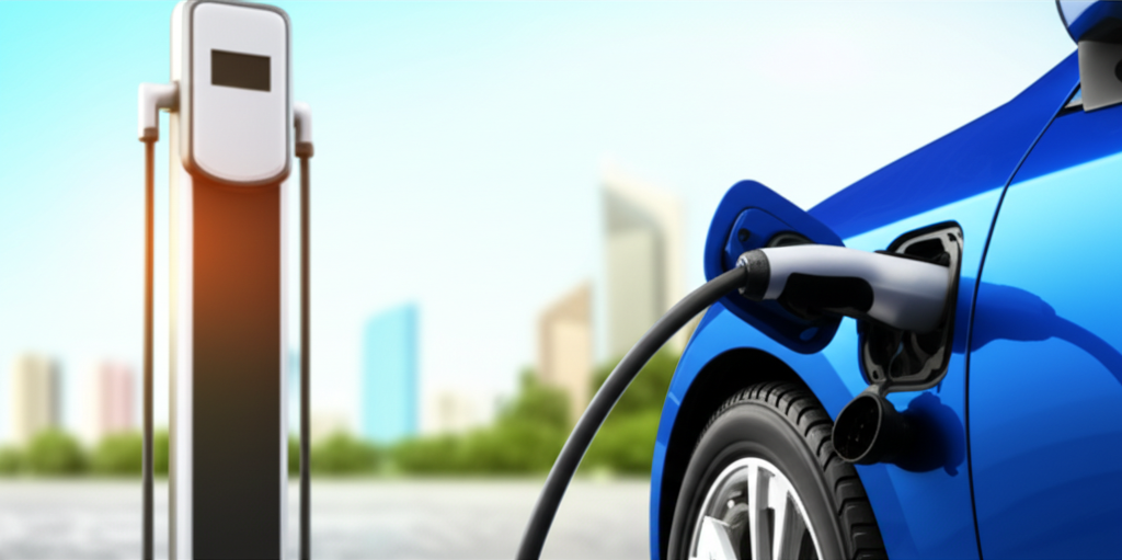 Electric car charging station in a modern urban setting