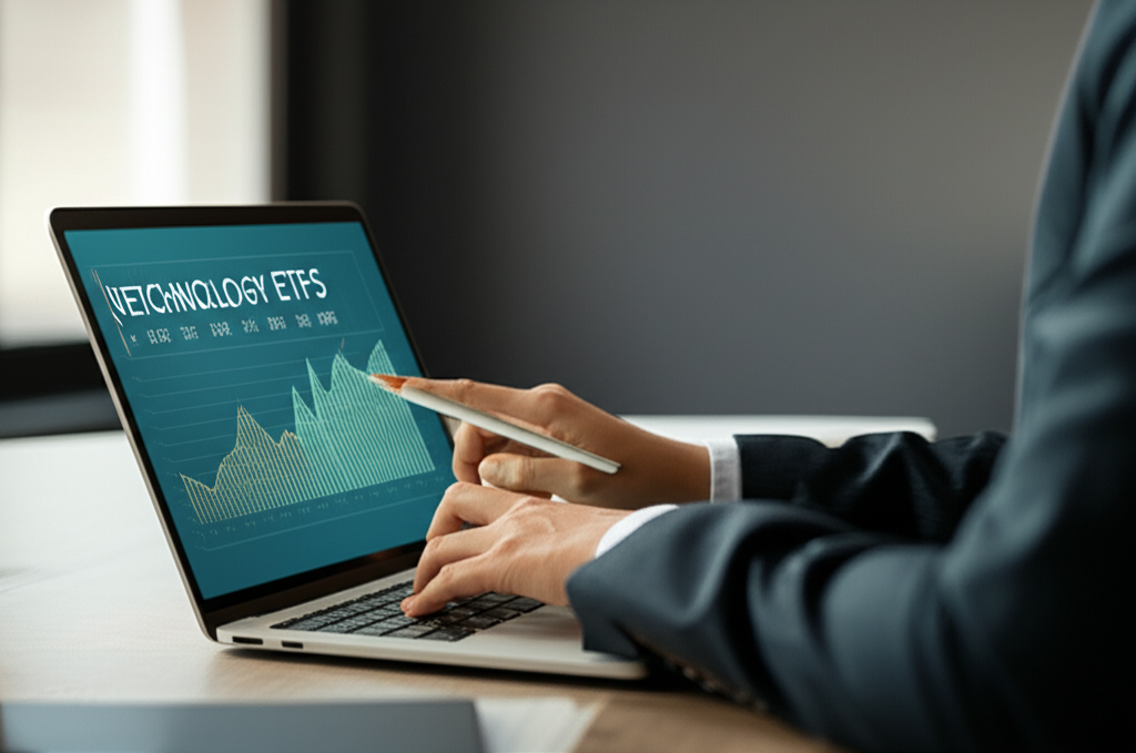 A U.S. investor reviewing biotech ETF performance on a digital dashboard with charts and company logos