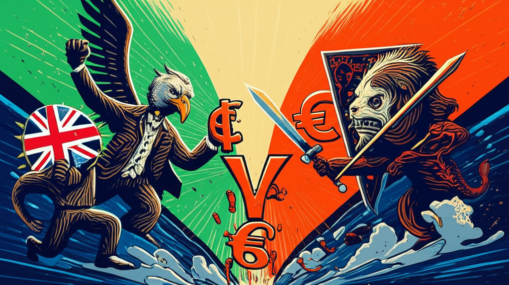 Illustration of world currencies clashing in a symbolic battle