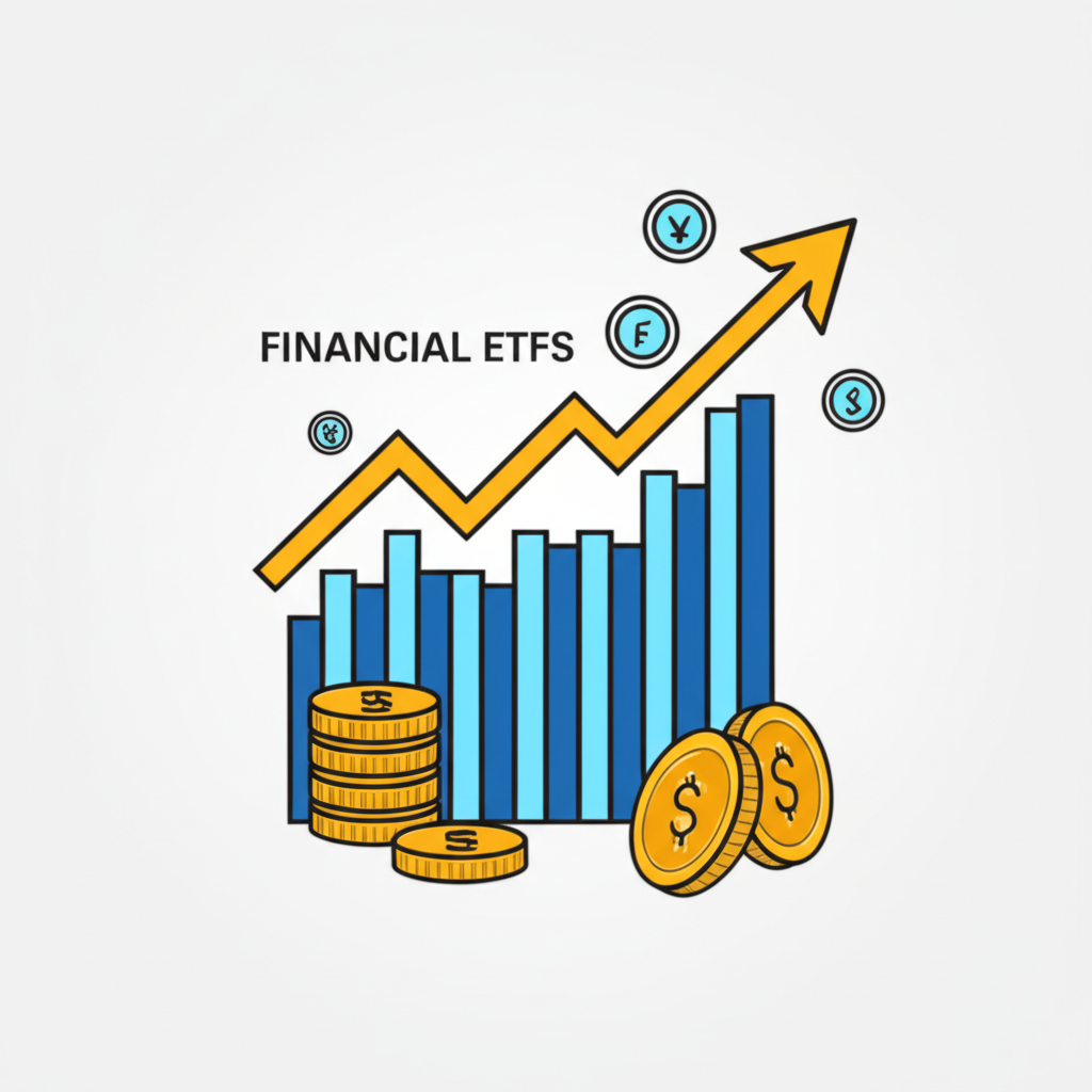 Visual representation of investing in financial ETFs with diversified assets and market graphs