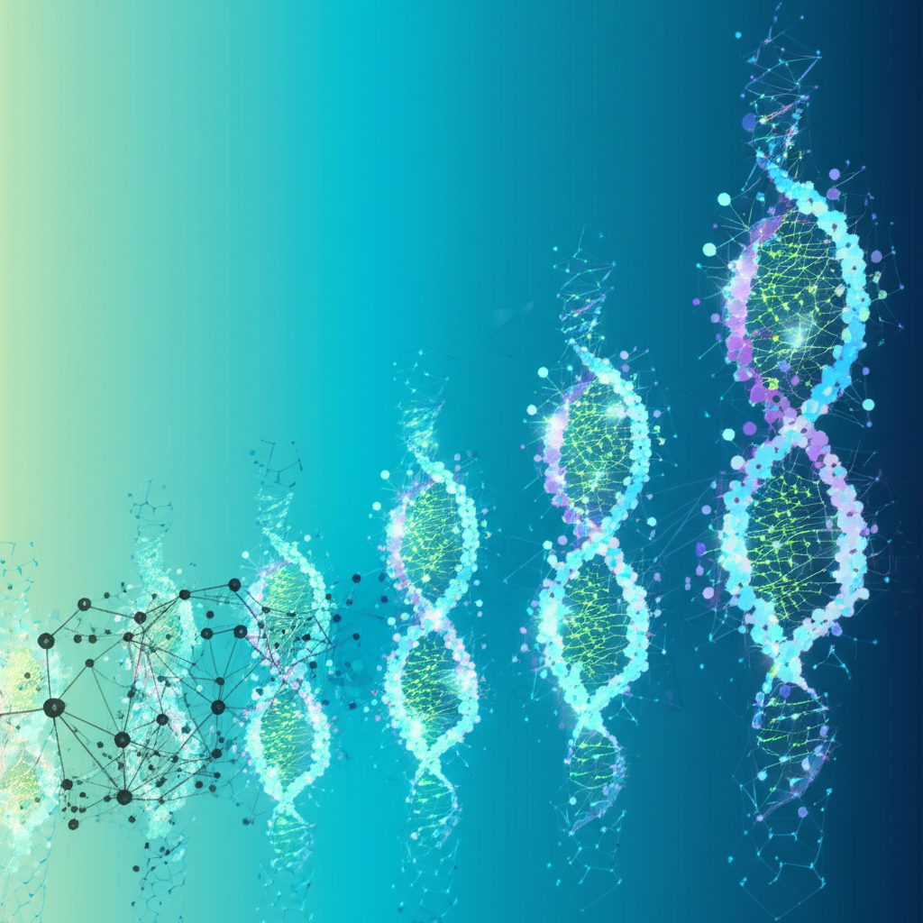 Illustration depicting biotech innovation growth with DNA strands, digital data streams, and rising performance graphs