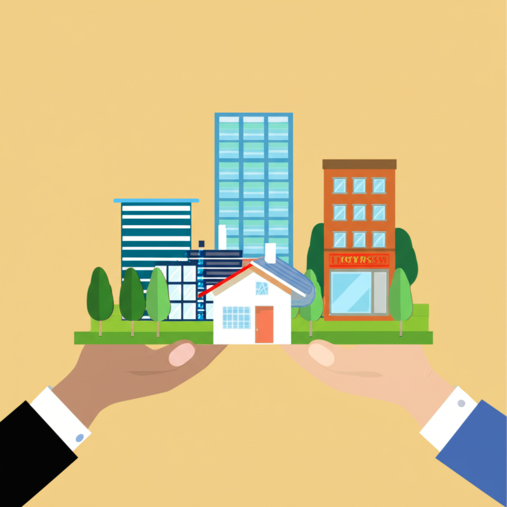 Illustration of hands holding icons representing different property types such as apartments, warehouses, hospitals, and data centers