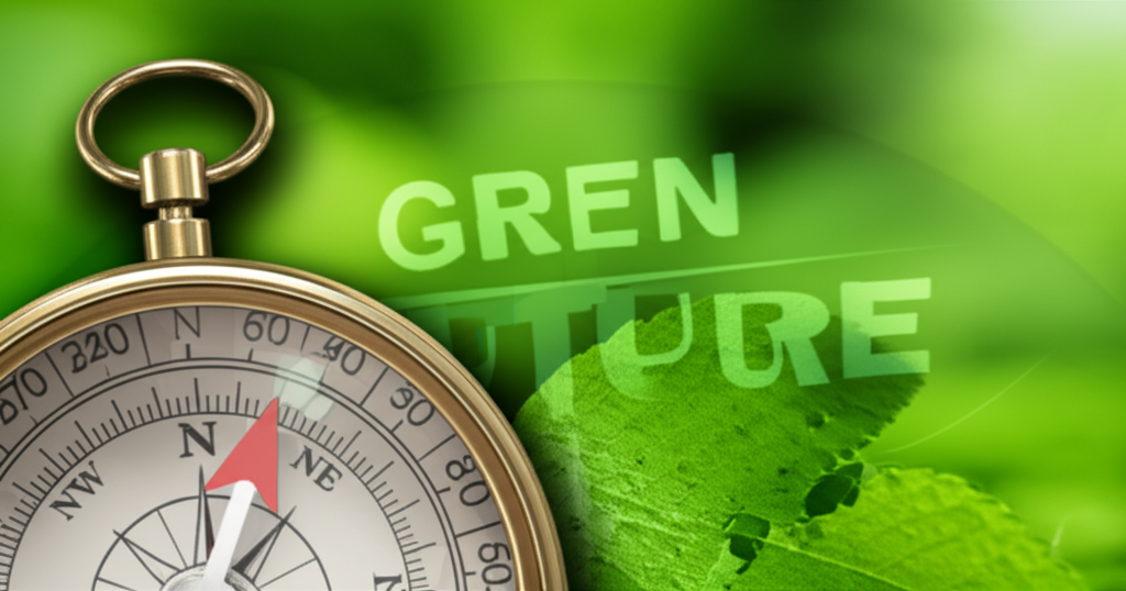 A compass needle pointing toward a vibrant green horizon, representing direction in ESG investing