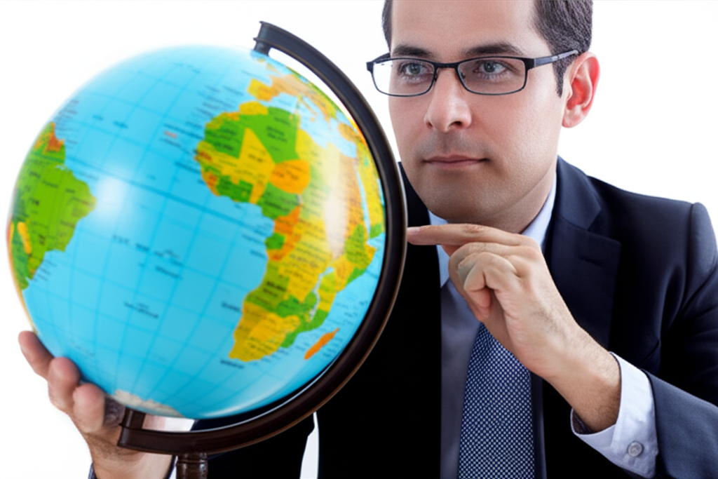 US investor examining a globe to explore international investment options