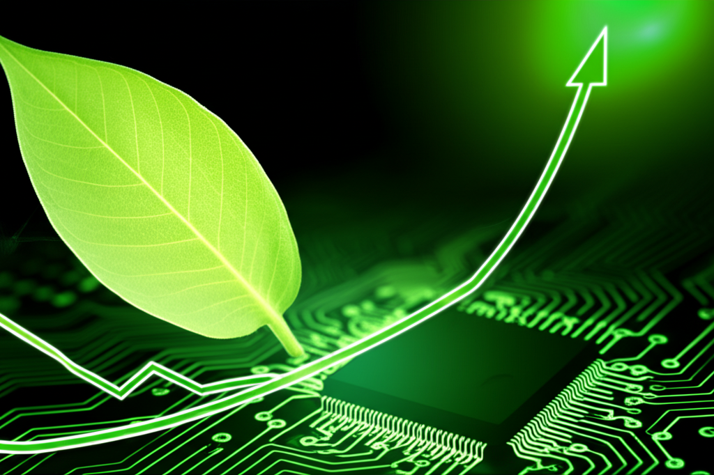 Visuals of green energy sources and business professionals investing in sustainable projects
