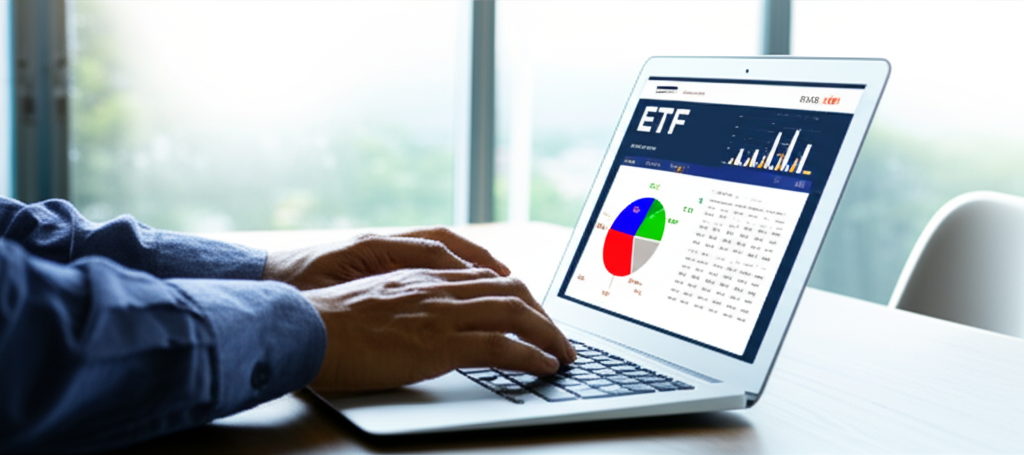 US investor reviewing e-commerce ETF performance data on multiple screens, analyzing charts and market trends for 2025 strategy
