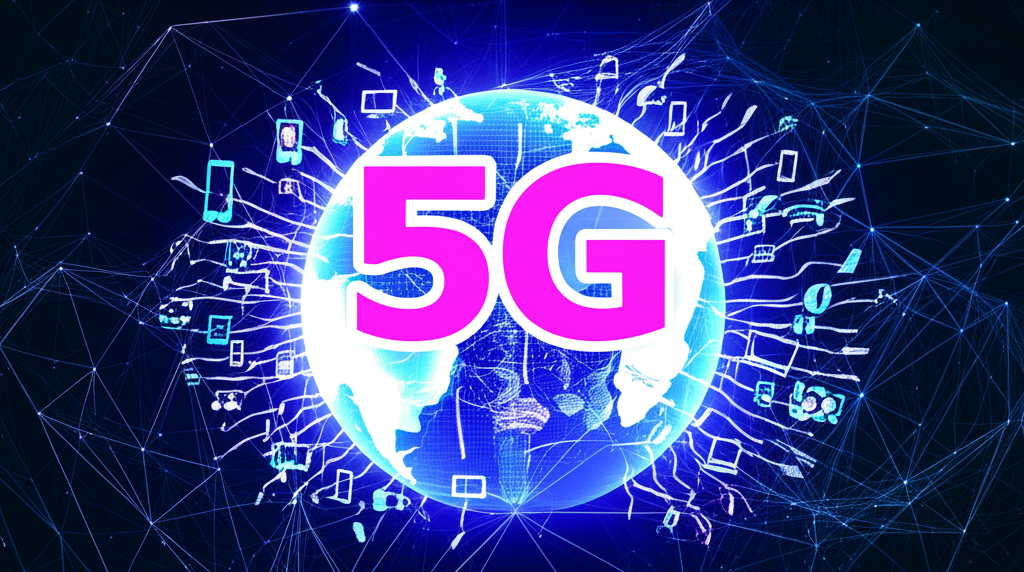Global 5G network infrastructure with interconnected nodes and data flow visualization