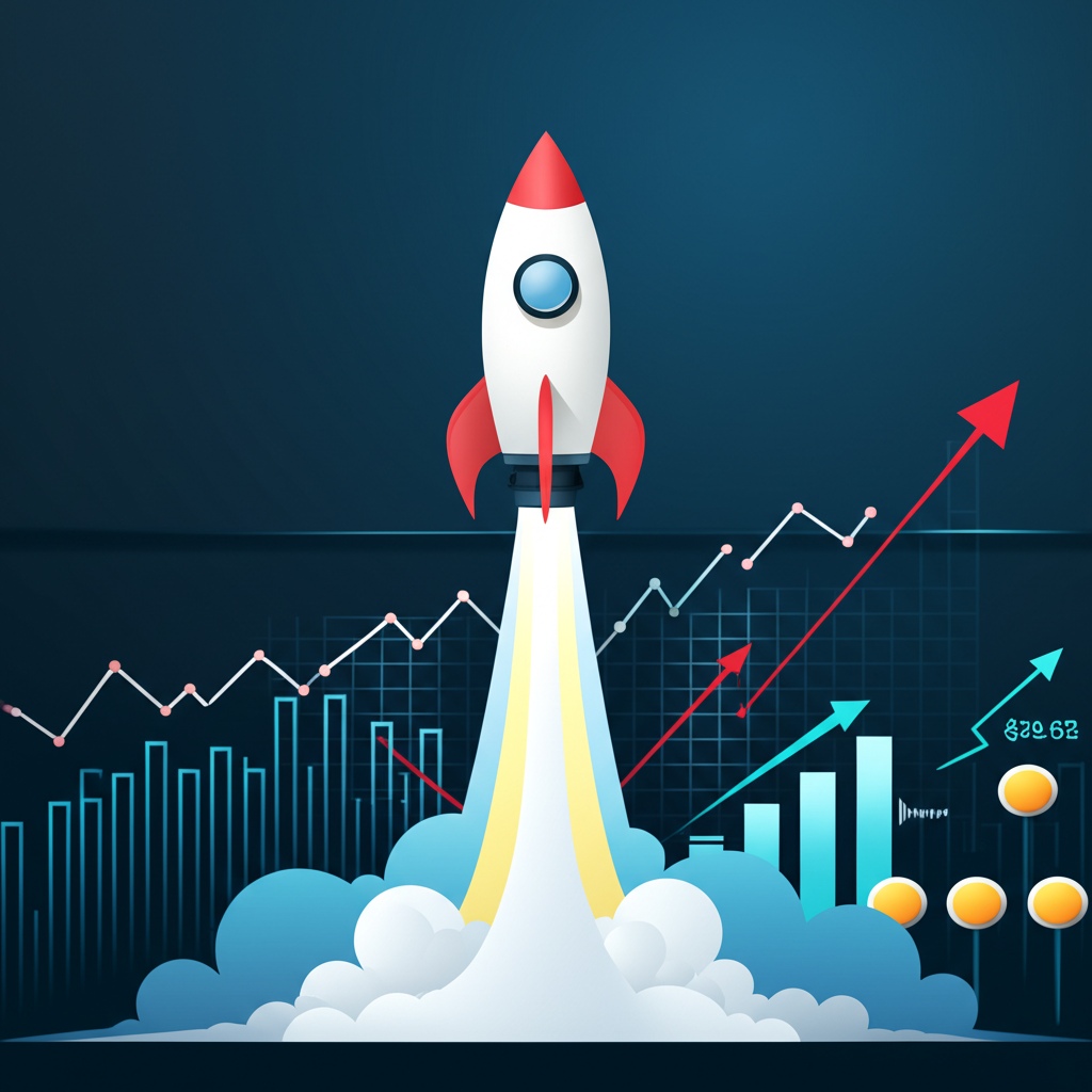 Rocket launching into orbit with a financial portfolio trajectory overlay, symbolizing growth and investment momentum