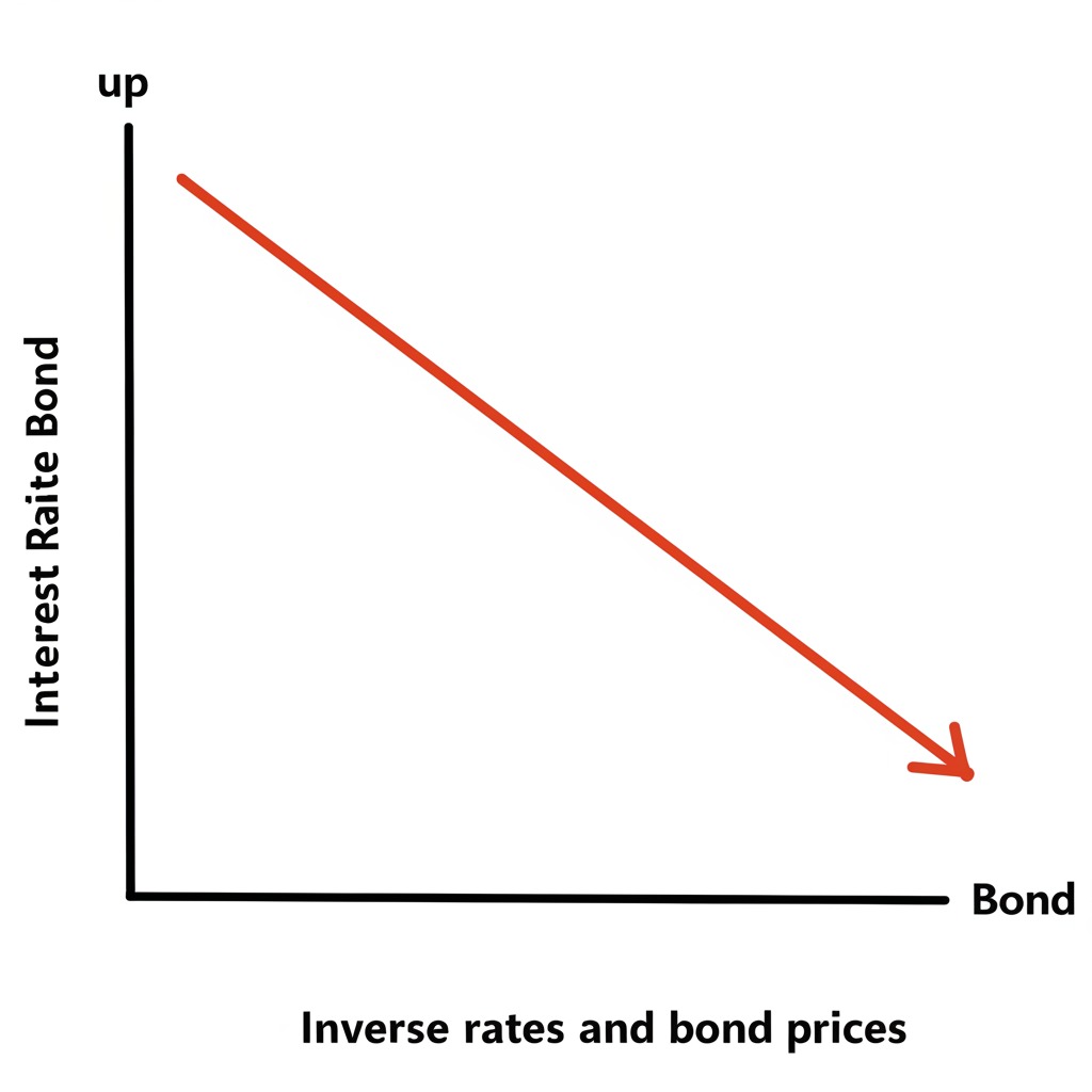 Graph depicting the inverse correlation between interest rates and bond prices, featuring a US flag overlay for market context