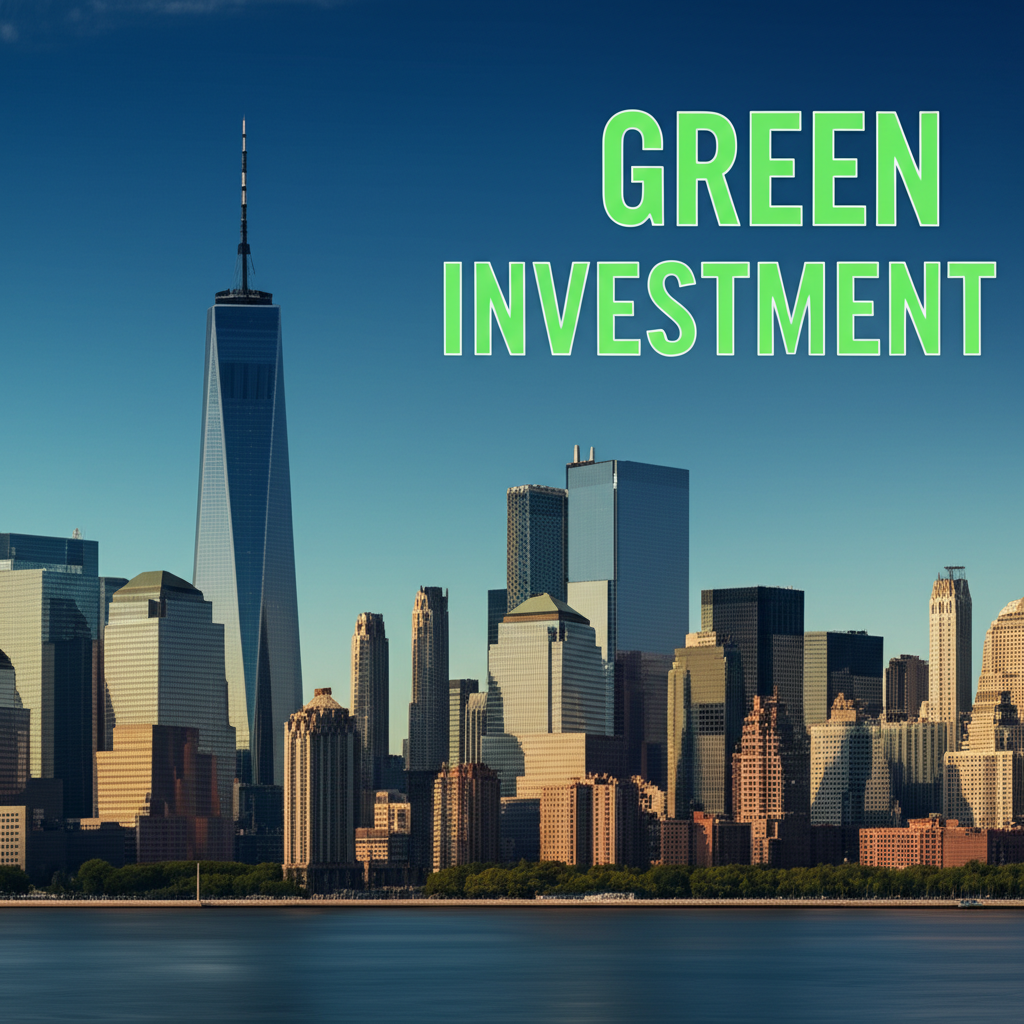 Green investment growth reflected in a modern U.S. skyline with wind turbines and solar panels integrated into urban infrastructure