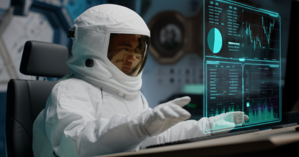 Astronaut reviewing financial charts while floating in space, symbolizing investment in space-related stocks