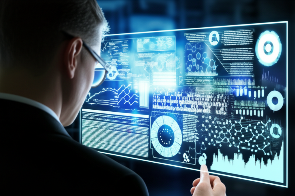 Illustration of a U.S. investor analyzing biotech trends on a digital dashboard with charts, news feeds, and stock tickers