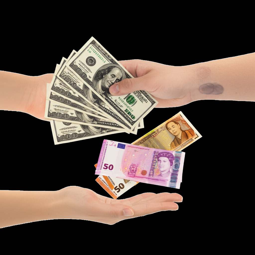 Hands exchanging global currencies